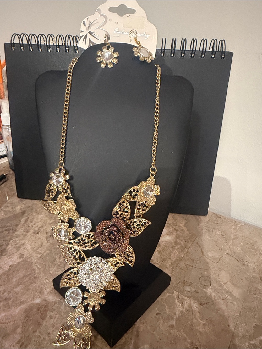 earrings and necklace